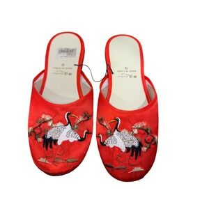 Pearl River Red Crane Embroidered‎ Slippers Mules Sz 9